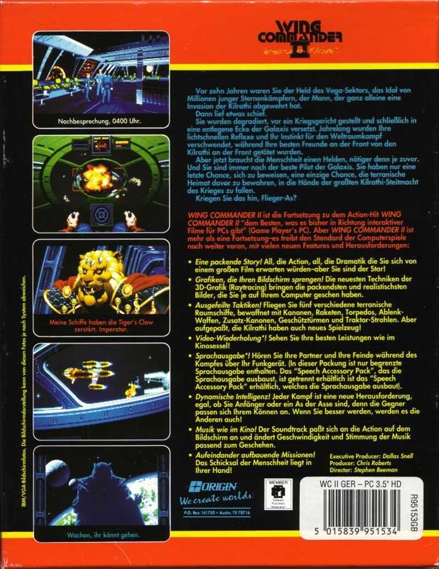 Back Cover for Wing Commander II: Vengeance of the Kilrathi (DOS) (3.5" HD Electronic Arts release)