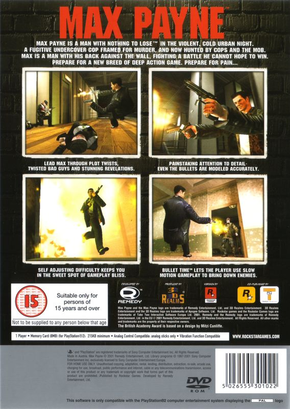 Back Cover for Max Payne (PlayStation 2) (Platinum release)