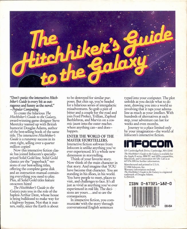 Back Cover for The Hitchhiker's Guide to the Galaxy (Commodore 128 and Commodore 64) (Solid Gold re-release)