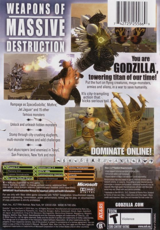 Back Cover for Godzilla: Save the Earth (Xbox)