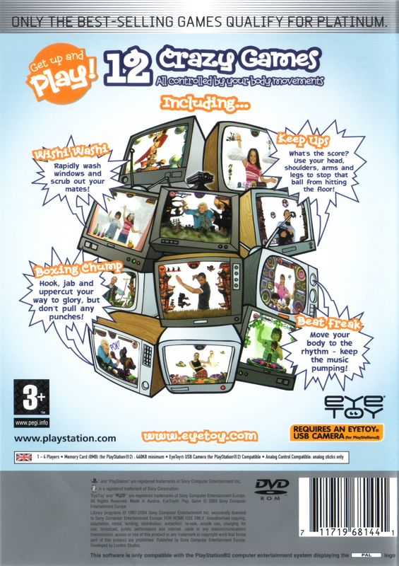 Back Cover for EyeToy: Play (PlayStation 2) (Platinum Release)