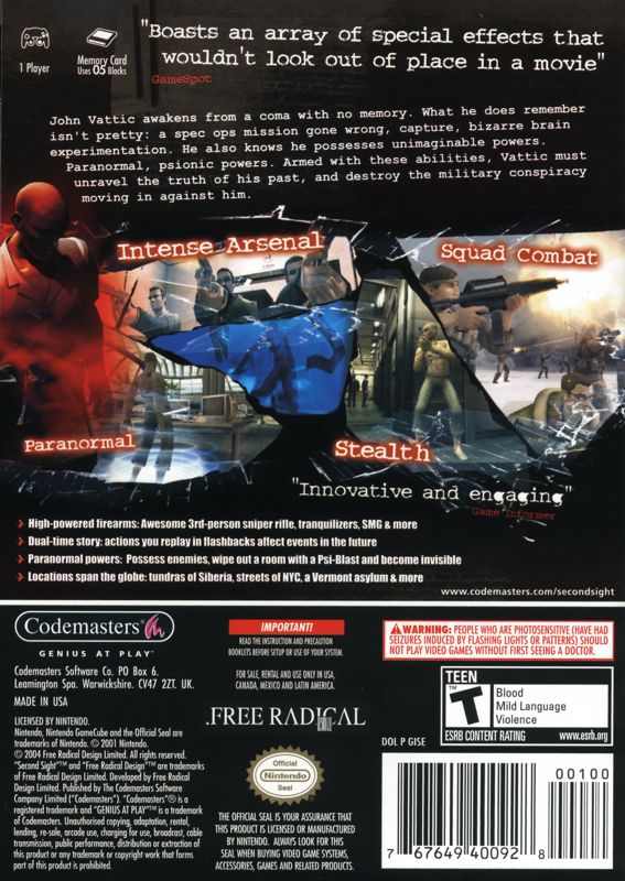 Back Cover for Second Sight (GameCube)