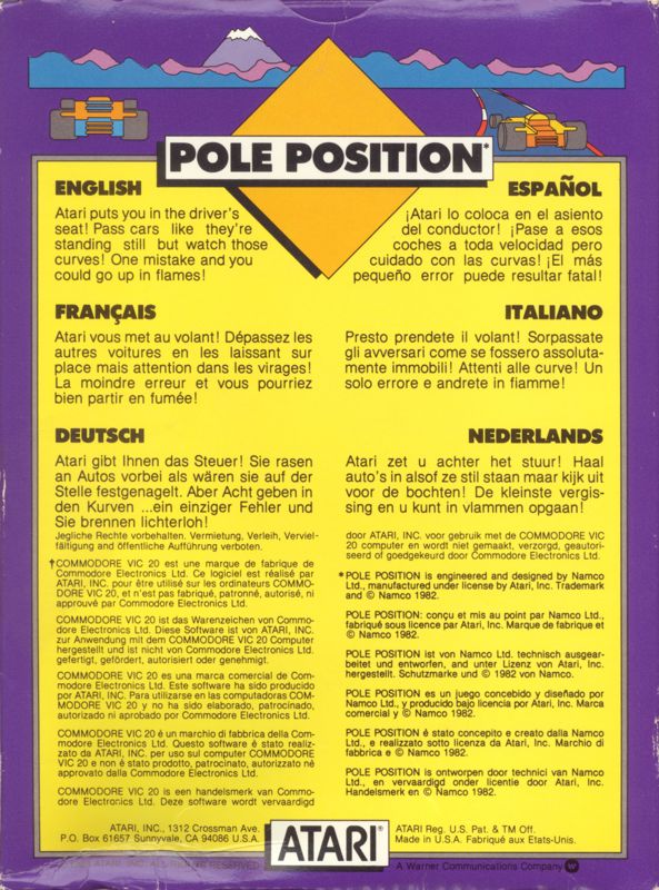 Back Cover for Pole Position (VIC-20)