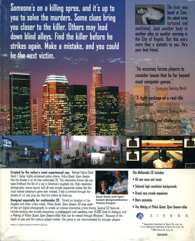 Back Cover for Daryl F. Gates Police Quest: Open Season (DOS and Windows 3.x) (Alternate Box Version)