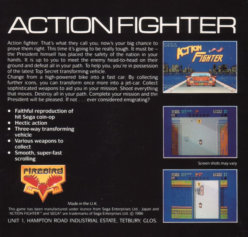 Back Cover for Action Fighter (Atari ST)