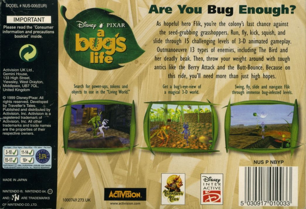 Back Cover for Disney•Pixar A Bug's Life (Nintendo 64)