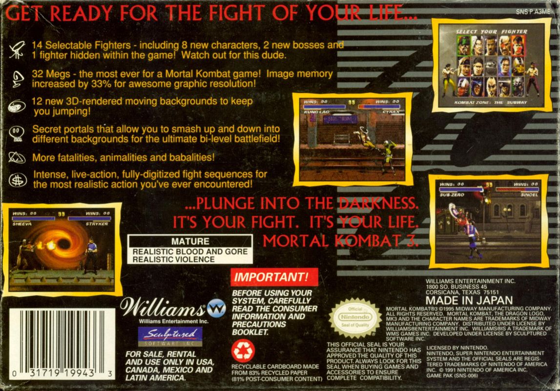 Mortal Kombat 3 Cover Or Packaging Material Mobygames 7205