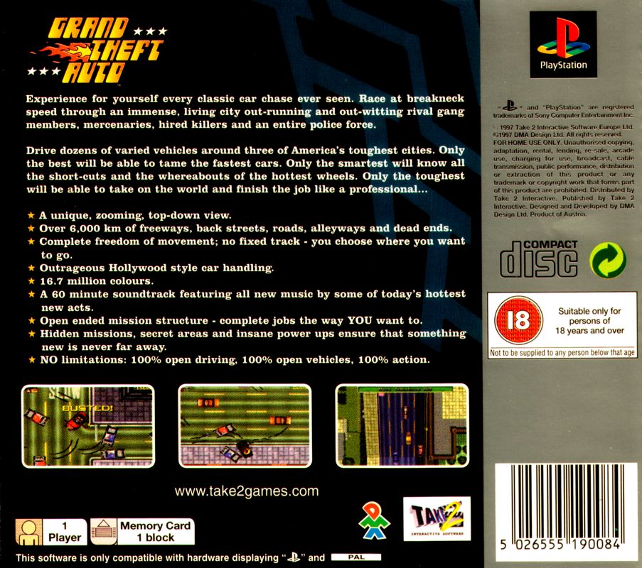 Back Cover for Grand Theft Auto (PlayStation) (Platinum release)