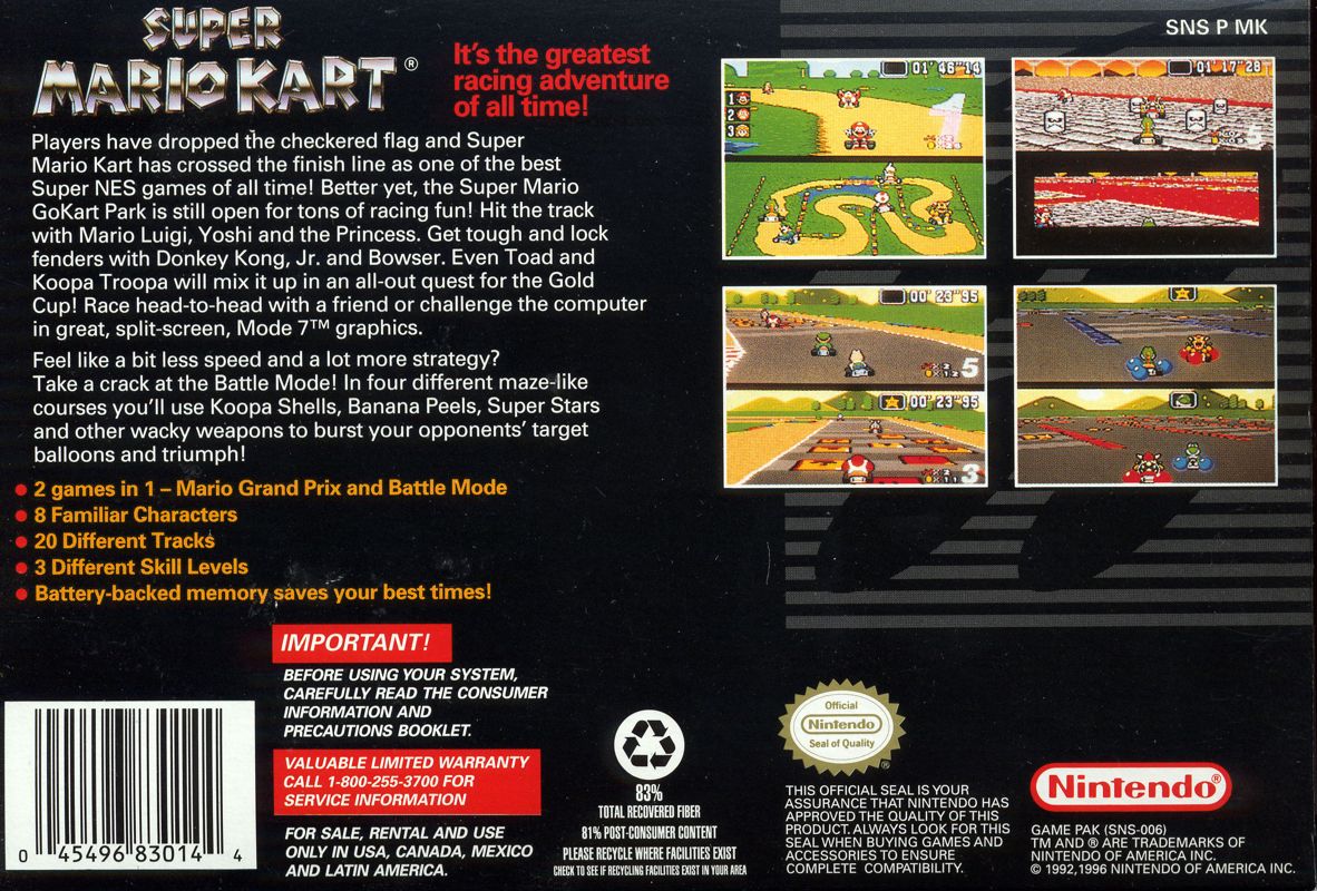 Back Cover for Super Mario Kart (SNES) (Player's Choice)