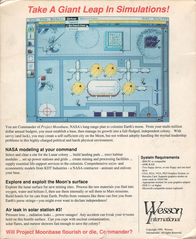 Back Cover for Moonbase (DOS)