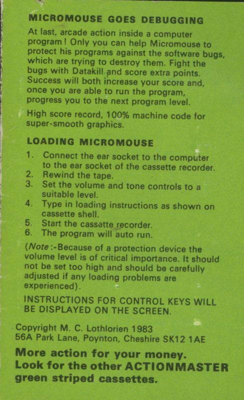 Inside Cover for Micro Mouse Goes De-bugging (ZX Spectrum)