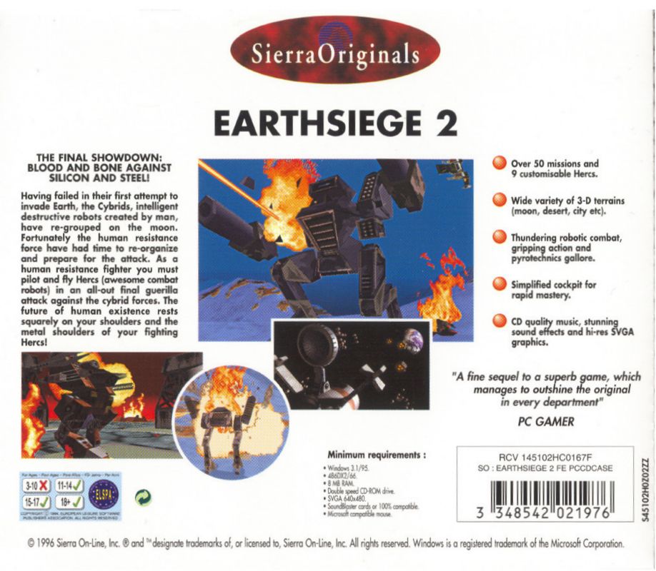 Other for EarthSiege 2 (Windows and Windows 3.x) (Sierra Originals release): Jewel Case - Back
