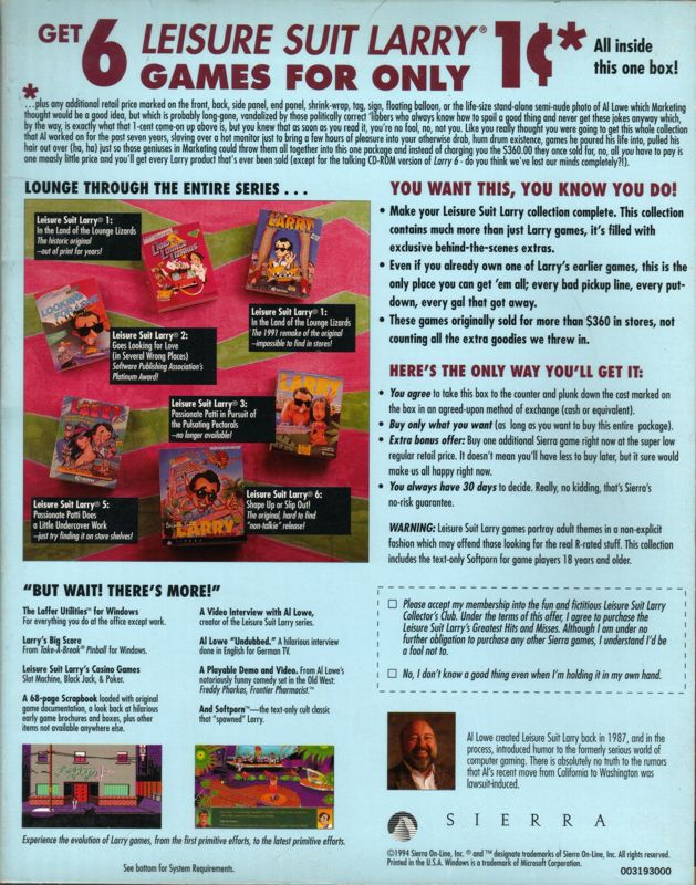 Back Cover for Leisure Suit Larry's Greatest Hits and Misses! (DOS and Windows 3.x)