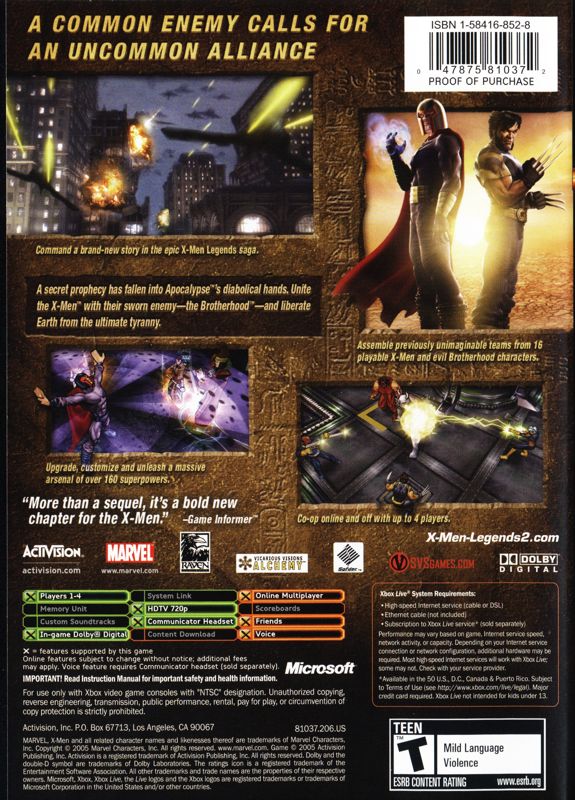 Back Cover for X-Men: Legends II - Rise of Apocalypse (Xbox)