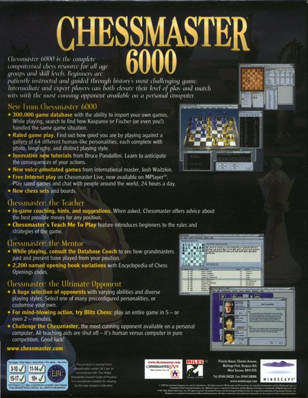 Back Cover for Chessmaster 6000 (Windows)