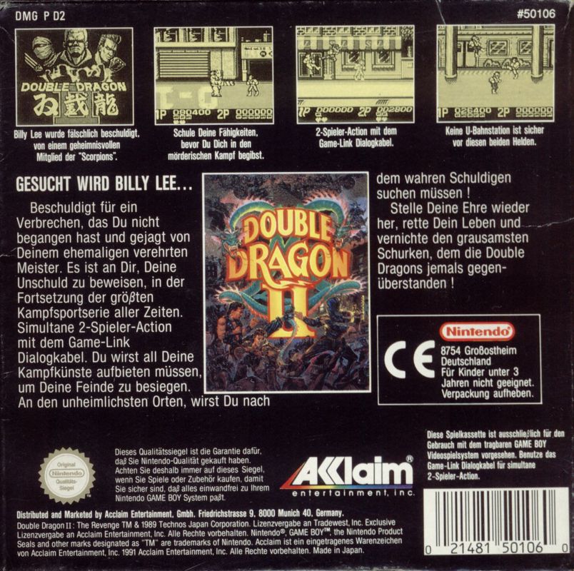 Back Cover for Double Dragon II (Game Boy)