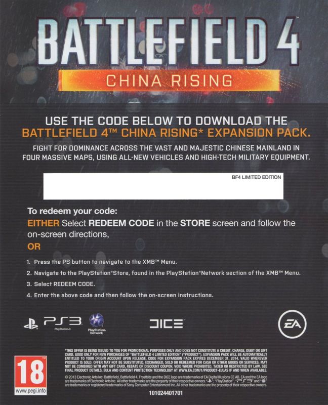 Media for Battlefield 4 (PlayStation 3): <i>China Rising</i> DLC Code - Front