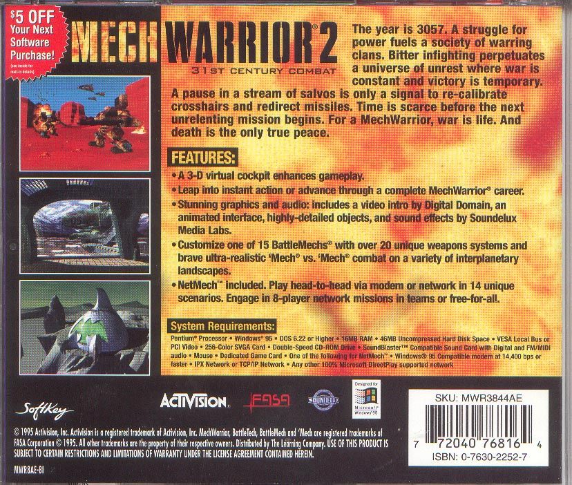 Back Cover for MechWarrior 2: 31st Century Combat (Windows) (SoftKey release)