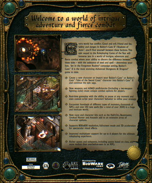 Back Cover for Baldur's Gate II: Shadows of Amn (Windows)