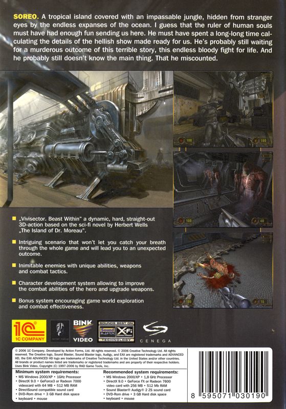 Back Cover for Vivisector: Beast Within (Windows) (Games 4 U release)