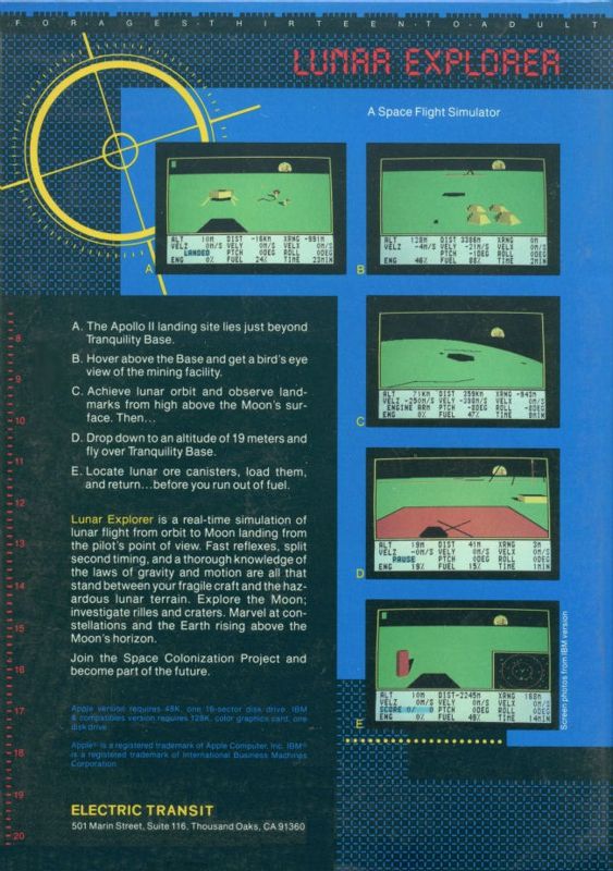 Back Cover for Lunar Explorer: A Space Flight Simulator (Apple II)
