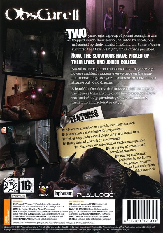 Back Cover for Obscure: The Aftermath (Windows)