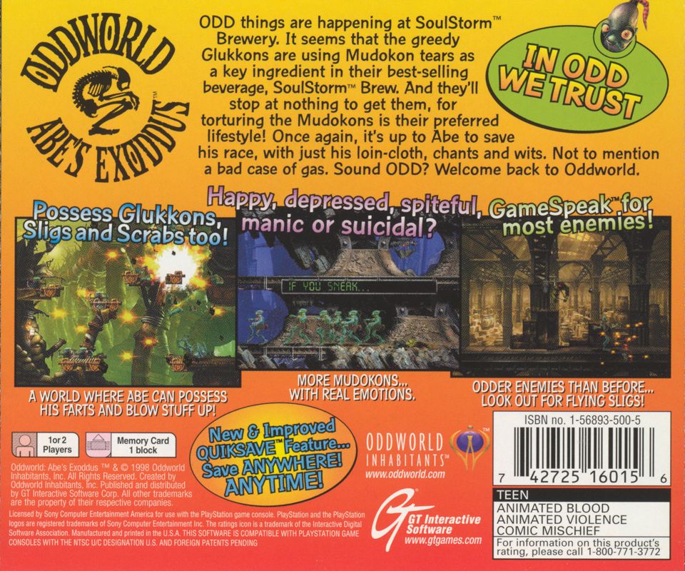Back Cover for Oddworld: Abe's Exoddus (PlayStation)