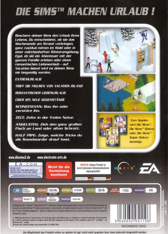 Back Cover for The Sims: Vacation (Windows) (EA Most Wanted release)
