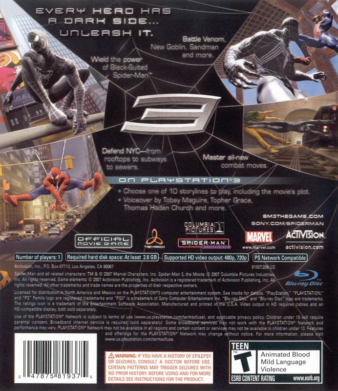 Back Cover for Spider-Man 3 (PlayStation 3)