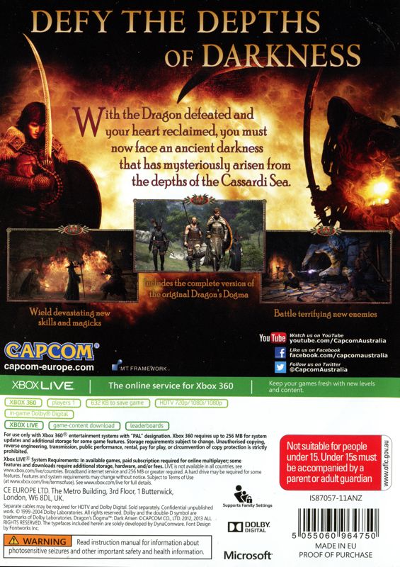 Back Cover for Dragon's Dogma: Dark Arisen (Xbox 360)