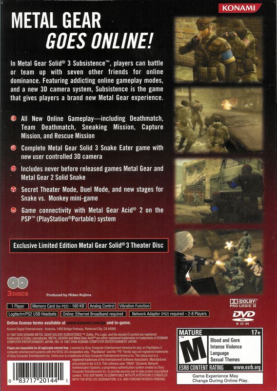 Back Cover for Metal Gear Solid 3: Subsistence (Limited Edition) (PlayStation 2)