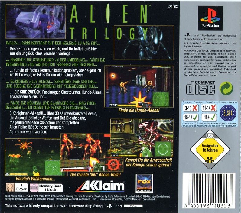 Back Cover for Alien Trilogy (PlayStation) (Platinum Release)