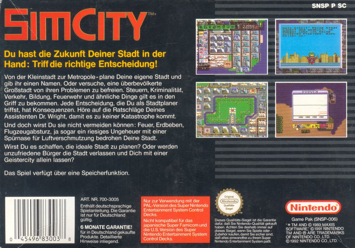 Back Cover for SimCity (SNES)