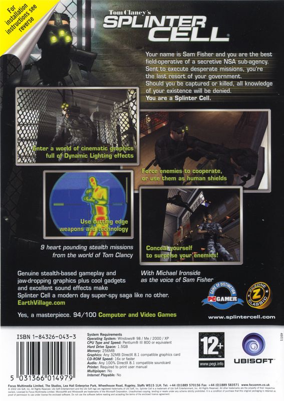 Back Cover for Tom Clancy's Splinter Cell (Windows) (Ubisoft eXclusive release)