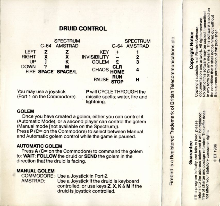 Inside Cover for Druid (Commodore 64)