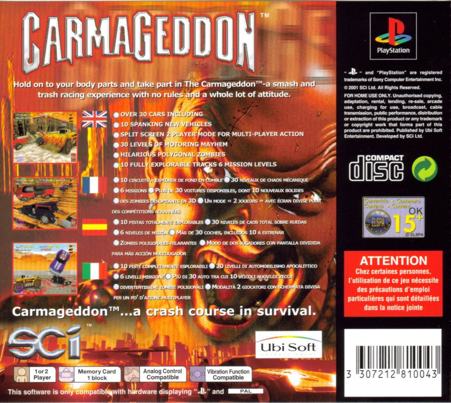 Back Cover for Carmageddon (PlayStation) (Ubisoft eXclusive release)