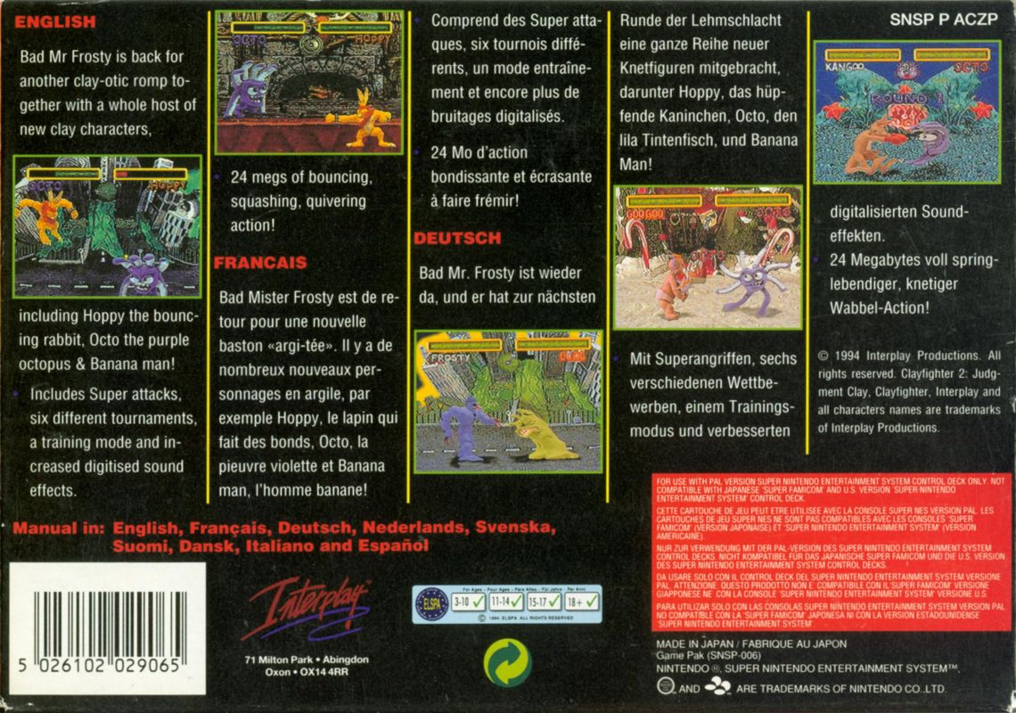 Back Cover for Clay Fighter 2: Judgement Clay (SNES)