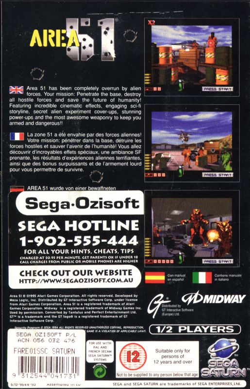 Back Cover for Area 51 (SEGA Saturn)