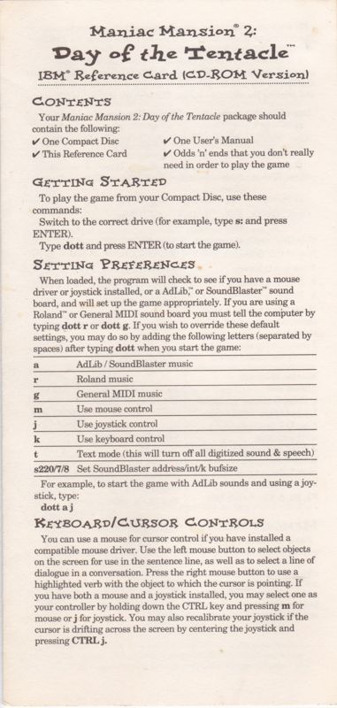 Reference Card for Maniac Mansion: Day of the Tentacle (DOS): Front