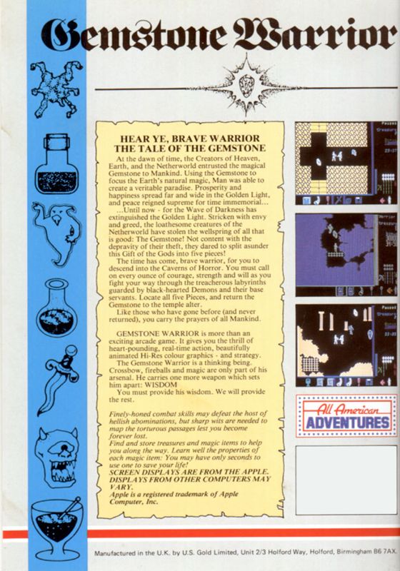 Back Cover for Gemstone Warrior (Atari 8-bit)