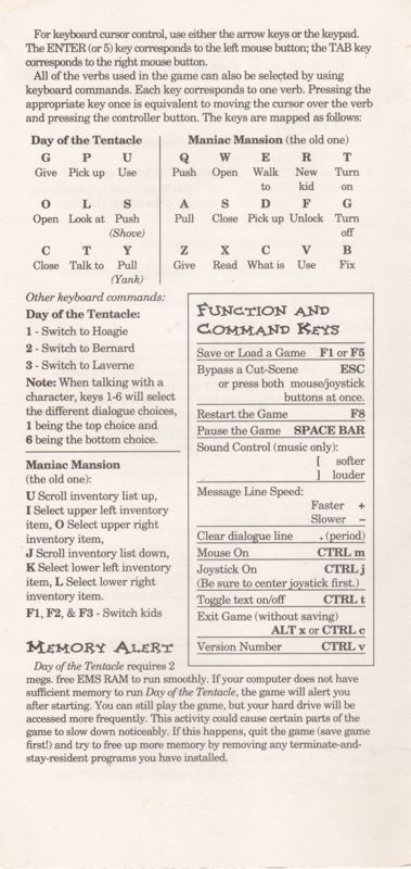 Reference Card for Maniac Mansion: Day of the Tentacle (DOS): Inner Left