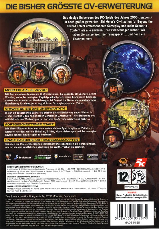 Back Cover for Sid Meier's Civilization IV: Beyond the Sword (Windows)