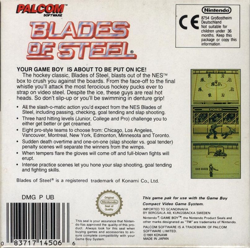 Back Cover for Blades of Steel (Game Boy)