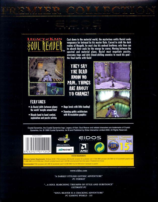 Back Cover for Legacy of Kain: Soul Reaver (Windows) (Eidos Premier Collection release)