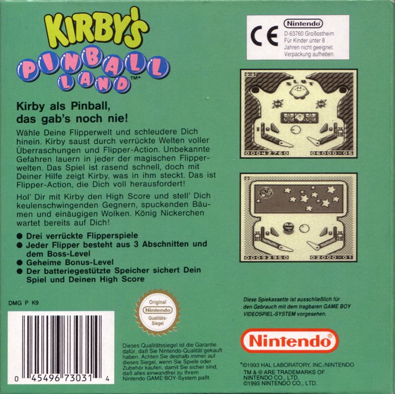 Back Cover for Kirby's Pinball Land (Game Boy)