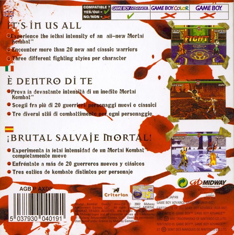 Back Cover for Mortal Kombat: Deadly Alliance (Game Boy Advance)