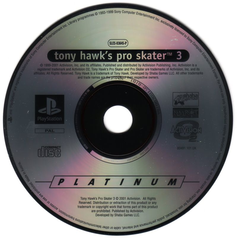 Media for Tony Hawk's Pro Skater 3 (PlayStation) (Platinum release)