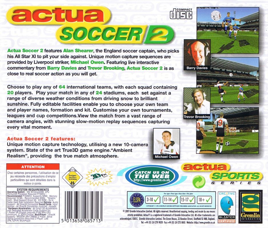 Other for Actua Soccer 2 (Windows): Jewel Case - Back