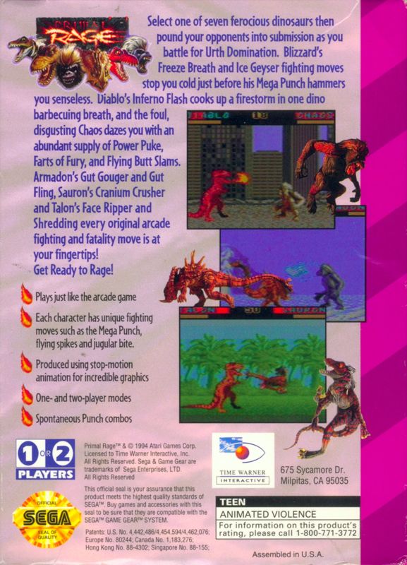 Back Cover for Primal Rage (Game Gear)