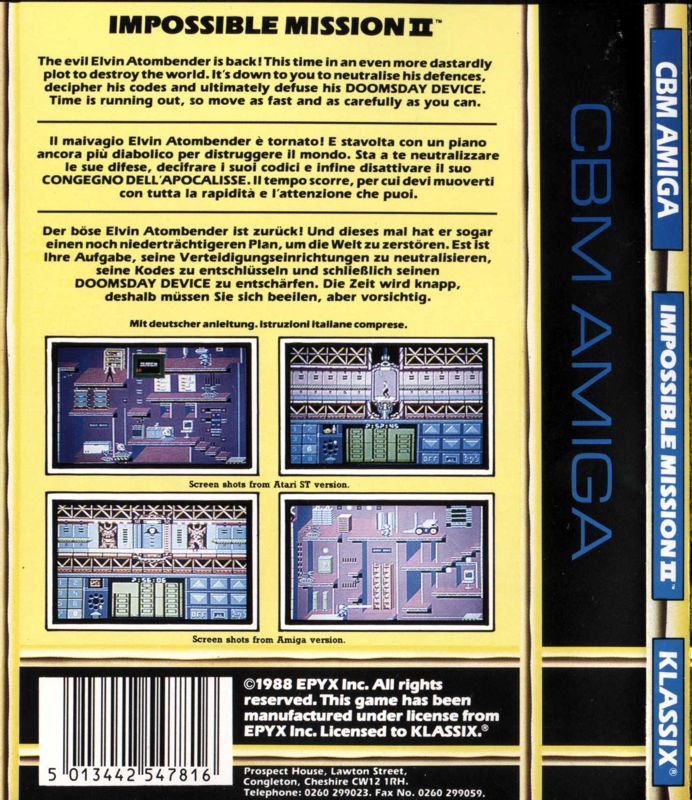 Back Cover for Impossible Mission II (Amiga) (Klassix Release)